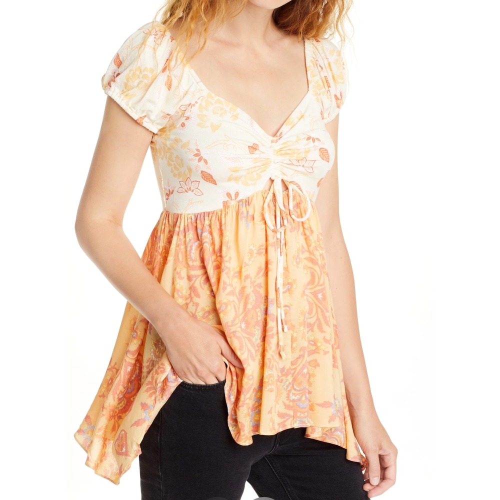 Free People Floral Print Top baby doll Sweetheart Neckline Blouse Y2K Size M